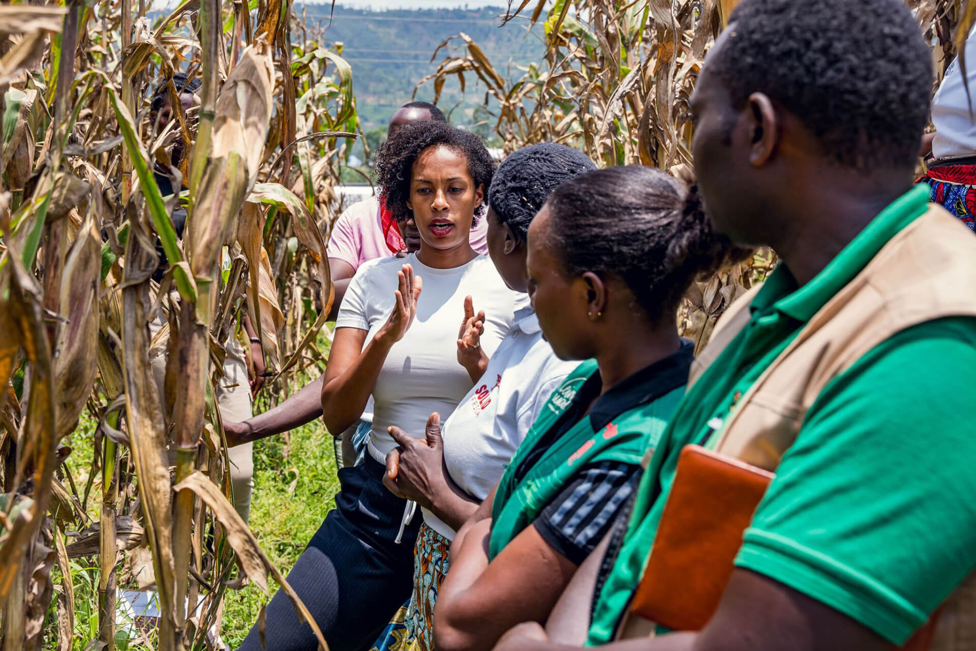 Here are suggestions for this Solid'Africa partner image: Alt Text: "Woman in white shirt speaking and gesturing to a group of community members seated outdoors among tall maize plants, with rolling hills visible in the background