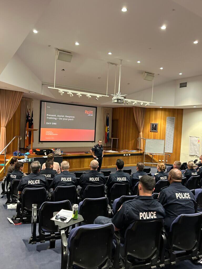 Northern Territory Police Assistant Commissioner Michael White addressing new recruits at a 5-day PARt session in Darwin, NT. © Tangentyere Council.