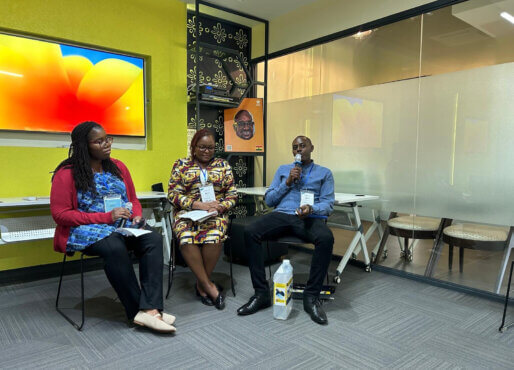 From left: Jite Phido (MLC) with Women’s Economic Empowerment Grant cohort participants Isabelle Ndolo (Maendeleo Ya Wanawake) and Edwin Muroki (4Life Solutions) at a workshop on collaborative scaling. © MLC