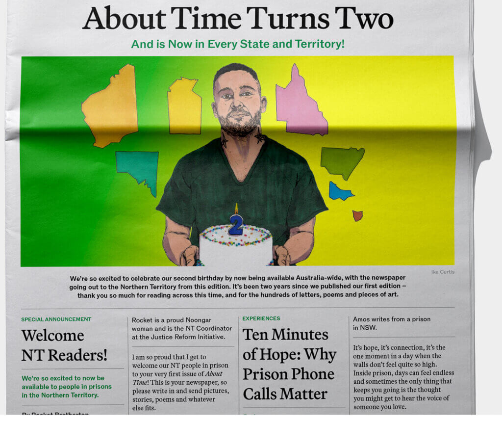 Front page of the About Time newspaper celebrating its second anniversary and expansion across Australia, featuring an illustration of a person holding a birthday cake surrounded by colourful outlines of Australian states and territories.
